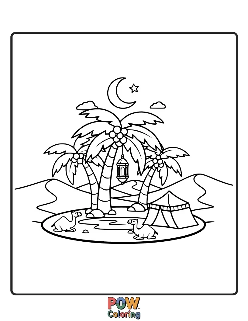 Free coloring page of A peaceful desert oasis with palm trees and a serene pool, a tranquil Ramadan scene.