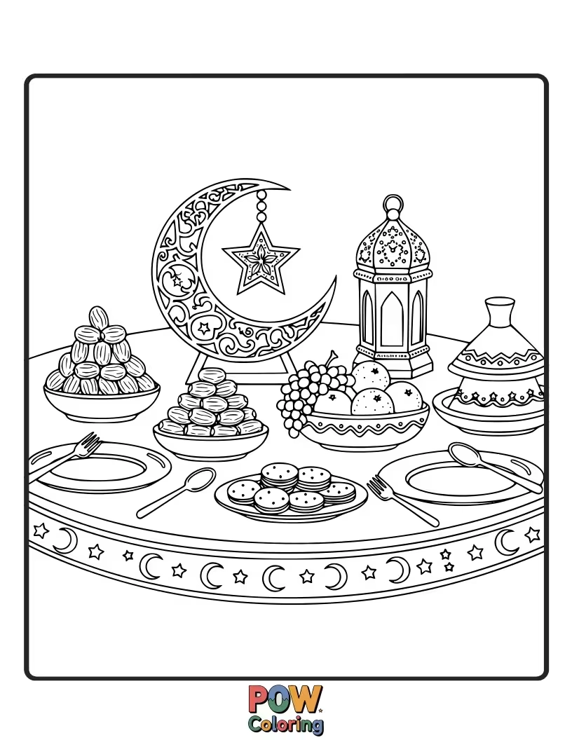 Free coloring page of A beautifully set table for iftar, with plates, cups, and decorative elements for Ramadan.