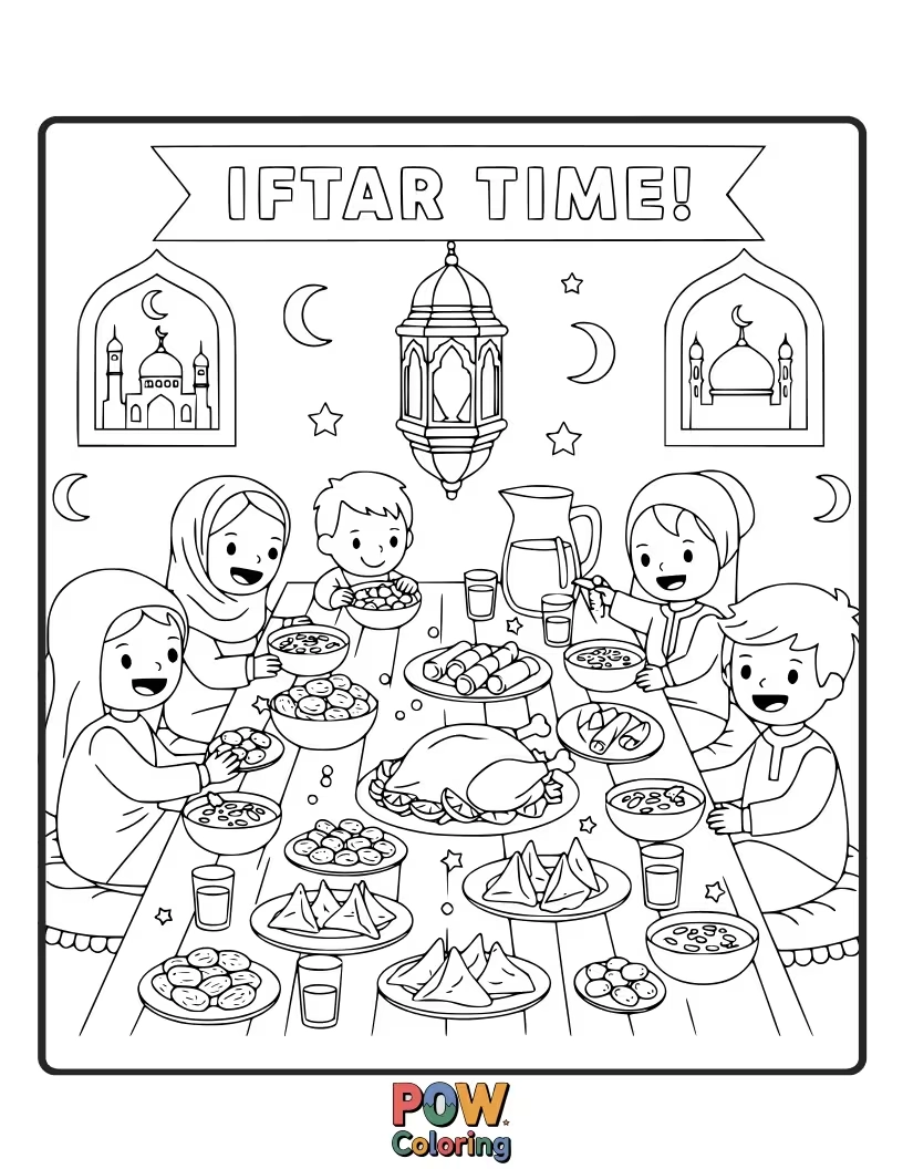Free coloring page of Adorable fruits, dates, and drinks arranged on a picnic blanket, celebrating a joyful Ramadan iftar meal.
