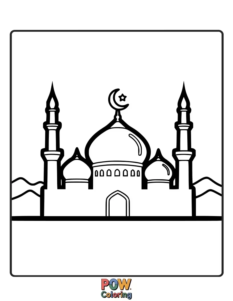 Free coloring page of A majestic mosque silhouette outlined against a soft gradient sky, perfect for Ramadan evenings.