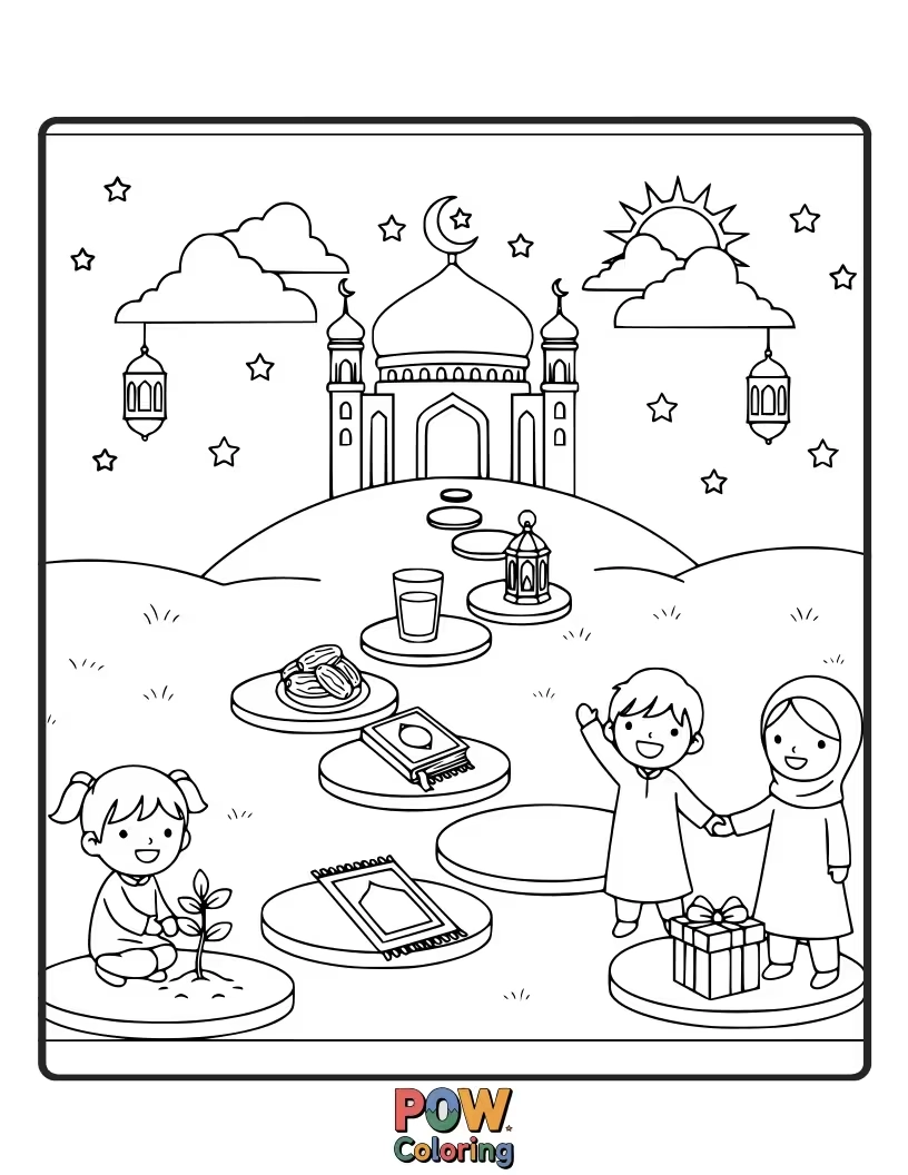 Free coloring page of A path leading to a mosque under a starlit Ramadan sky, symbolizing a spiritual journey.