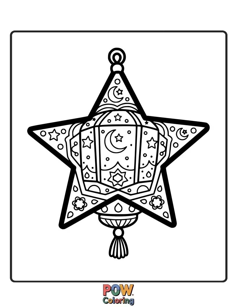 Free coloring page of A cute star lantern, adorned with crescent moons and Arabic calligraphy, ready to be colored for Ramadan nights.