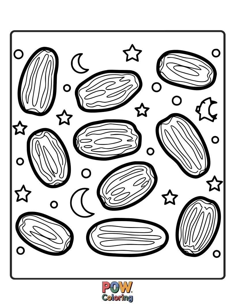 Free coloring page of A repeating pattern of sweet dates, a delicious and iconic symbol of Ramadan.