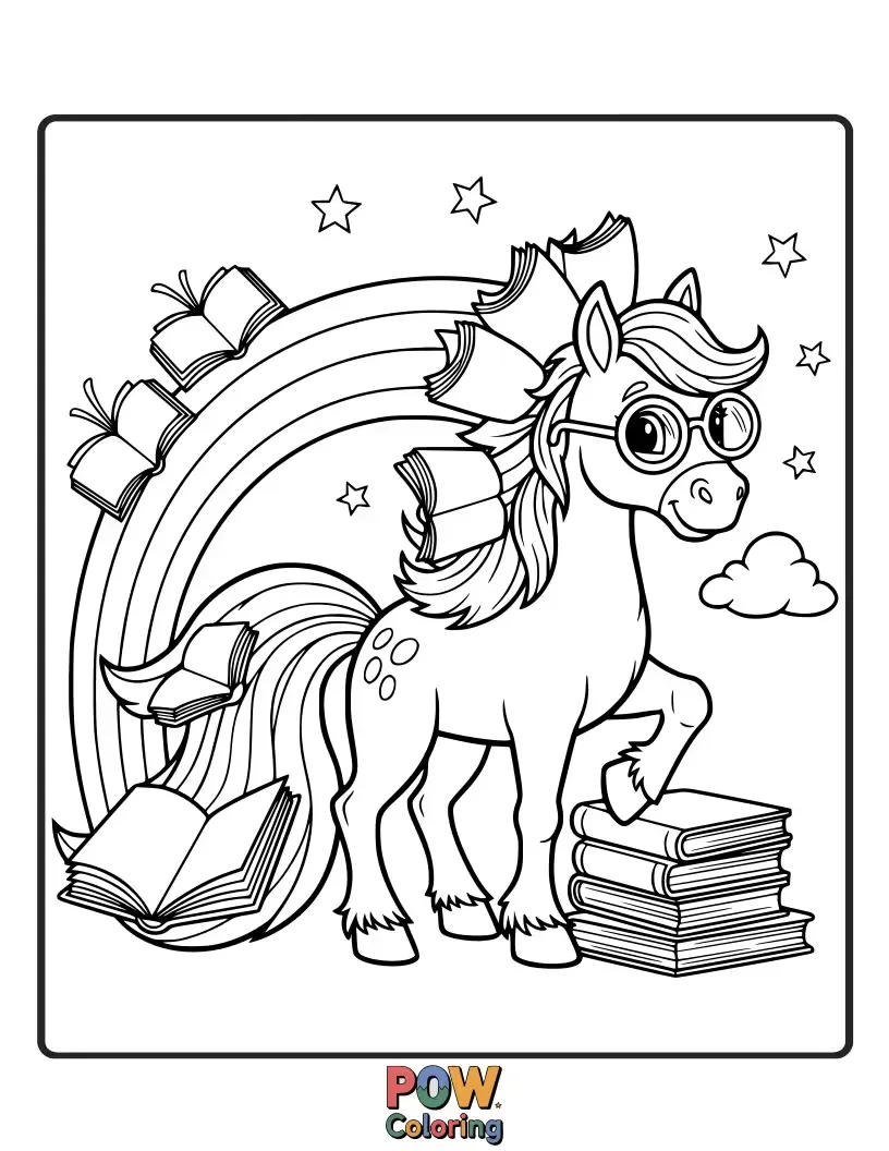 Free coloring page of A studious horse with spectacles, engrossed in a giant book, with colorful rainbow patterns filling the pages.