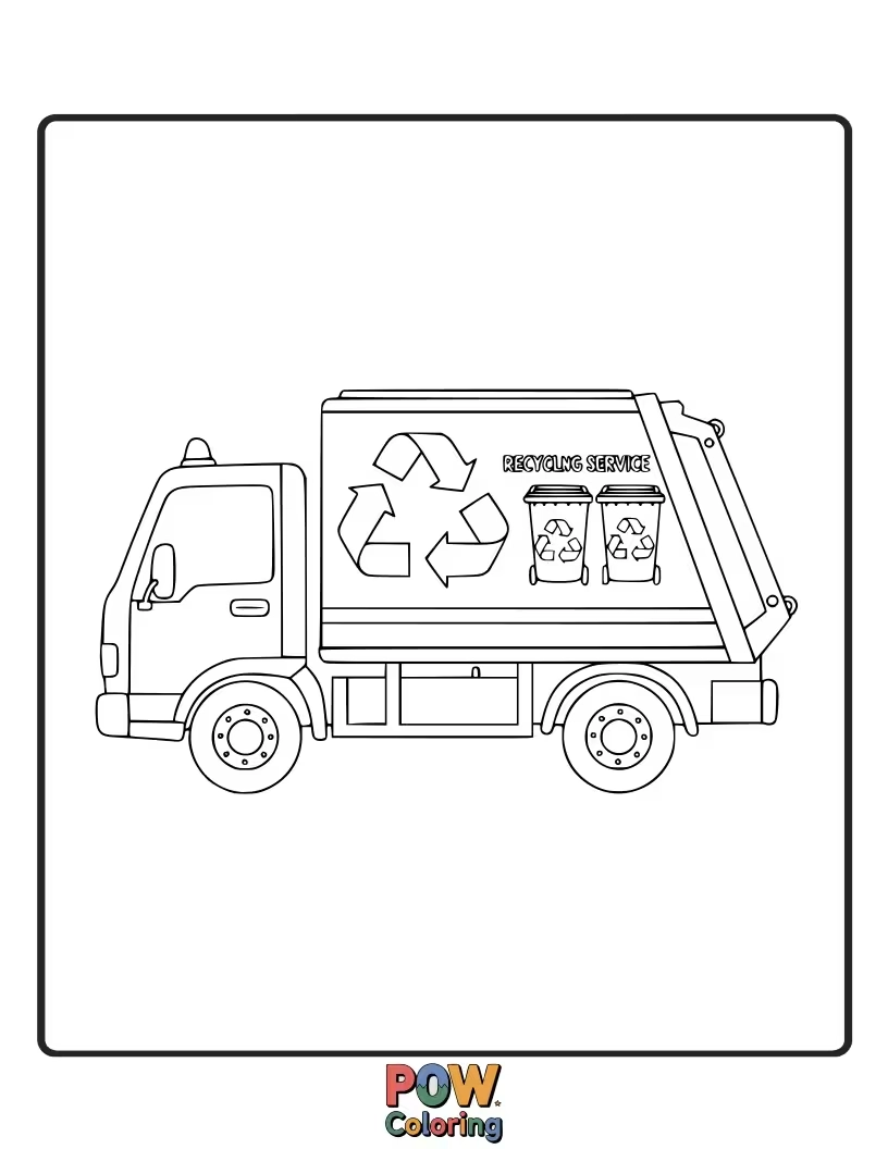 Free coloring page of A dedicated recycling truck, helping the planet. Inspire green and blue colors for this eco-friendly vehicle.