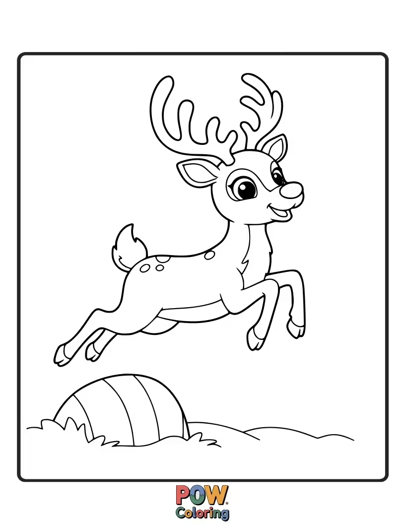 Free coloring page of Mischievous reindeer playing in the snow, pulling sleighs, or peeking out from behind trees. Full of energy and holiday spirit.