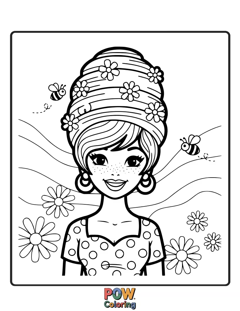 Free coloring page of A classic beehive hairstyle with a simple, elegant outline.