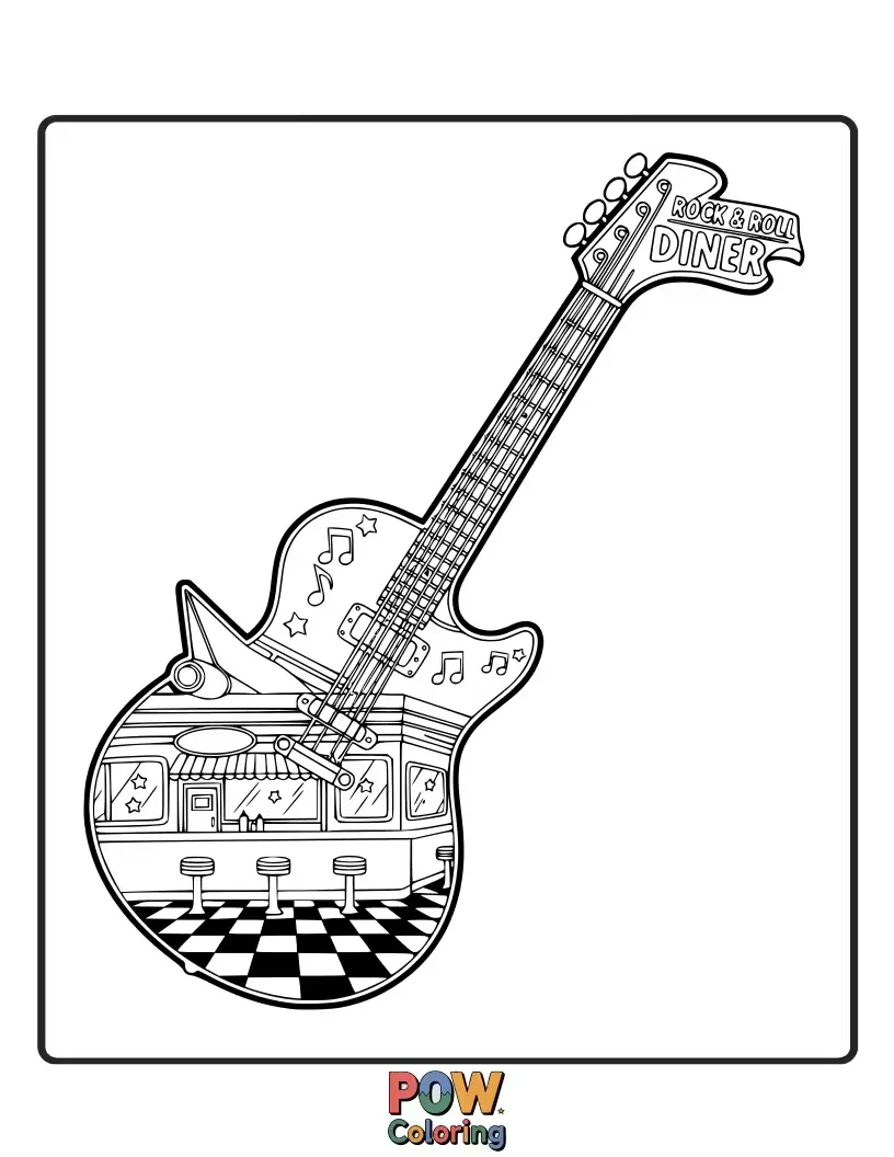 Free coloring page of A classic-style guitar with checkered patterns and a jukebox, evoking a 50s vibe.