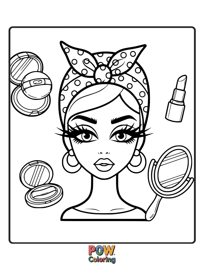 Free coloring page of Classic vintage makeup items like a powdered puff, elegant lipstick, and a mirrored compact. Step back in time with this stylish design.