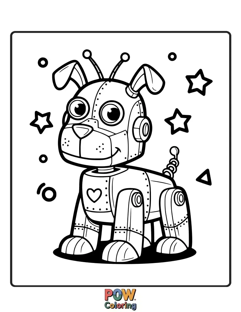 Free coloring page of Funky dogs with a retro-futuristic robot design, featuring sleek lines and playful, vintage technological elements to color.