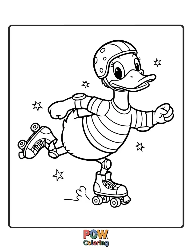 Free coloring page of A cool duck sporting roller skates and groovy sunglasses, ready to roll into fun.