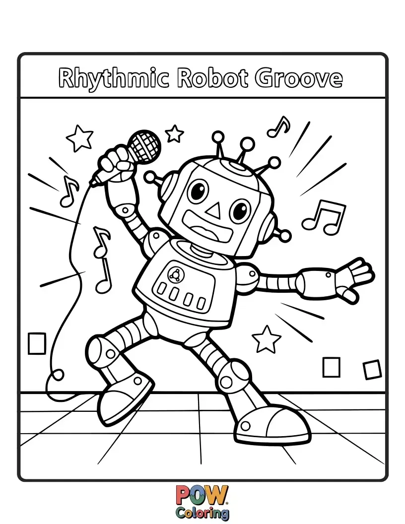 Free coloring page of A shiny, happy robot dancing with oversized headphones and a boombox. Funny, futuristic, and full of cool beats.