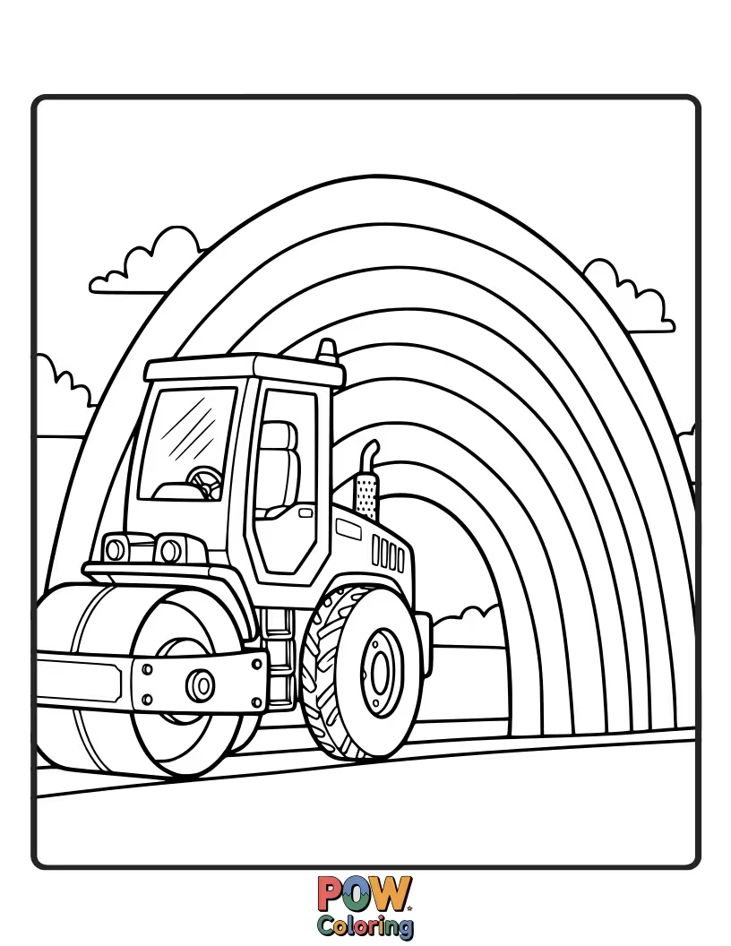 Free coloring page of A friendly road roller creating a path that transforms into a rainbow.