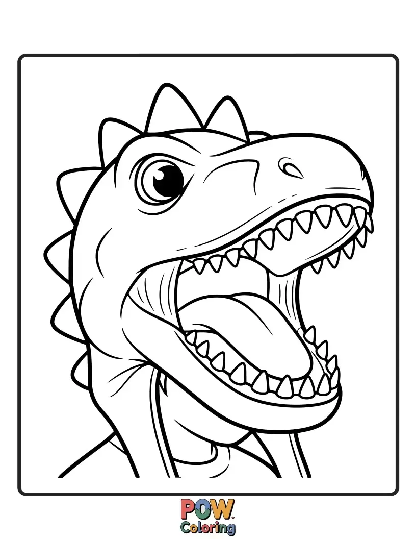 Free coloring page of A ferocious yet friendly dinosaur head hat, with sharp teeth and a playful roar. Prehistoric fun!