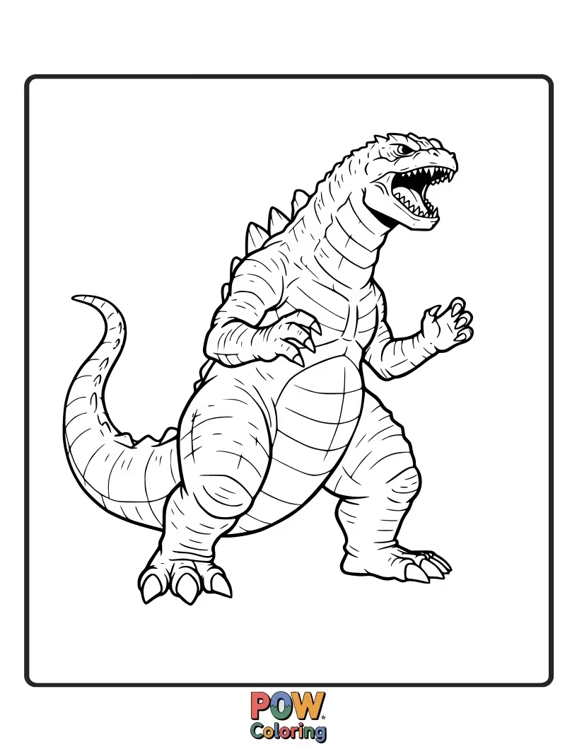 Free coloring page of Godzilla unleashing his iconic atomic breath, a powerful roar echoing across a destroyed city. A dynamic and exciting scene.