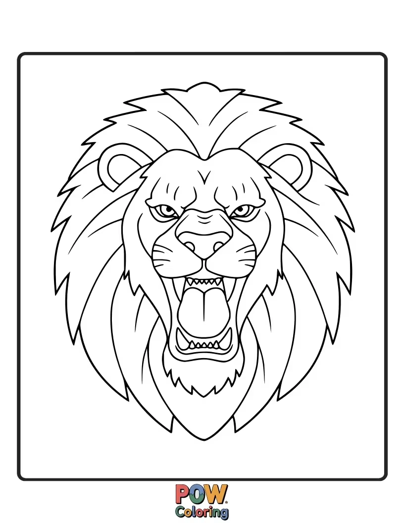 Free coloring page of A powerful lion's face captured in a fierce roar, showing off its impressive teeth.