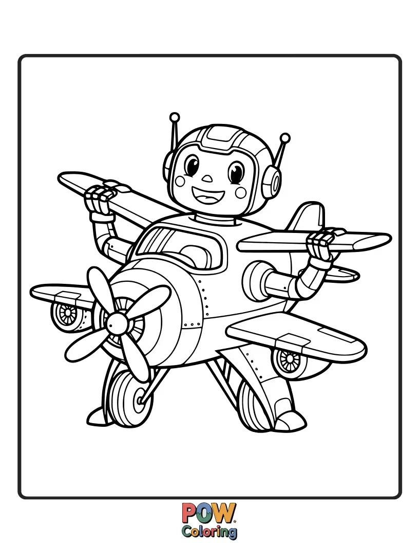 Free coloring page of A futuristic robot airplane with glowing eyes and mechanical wings, ready for a high-tech aerial mission.
