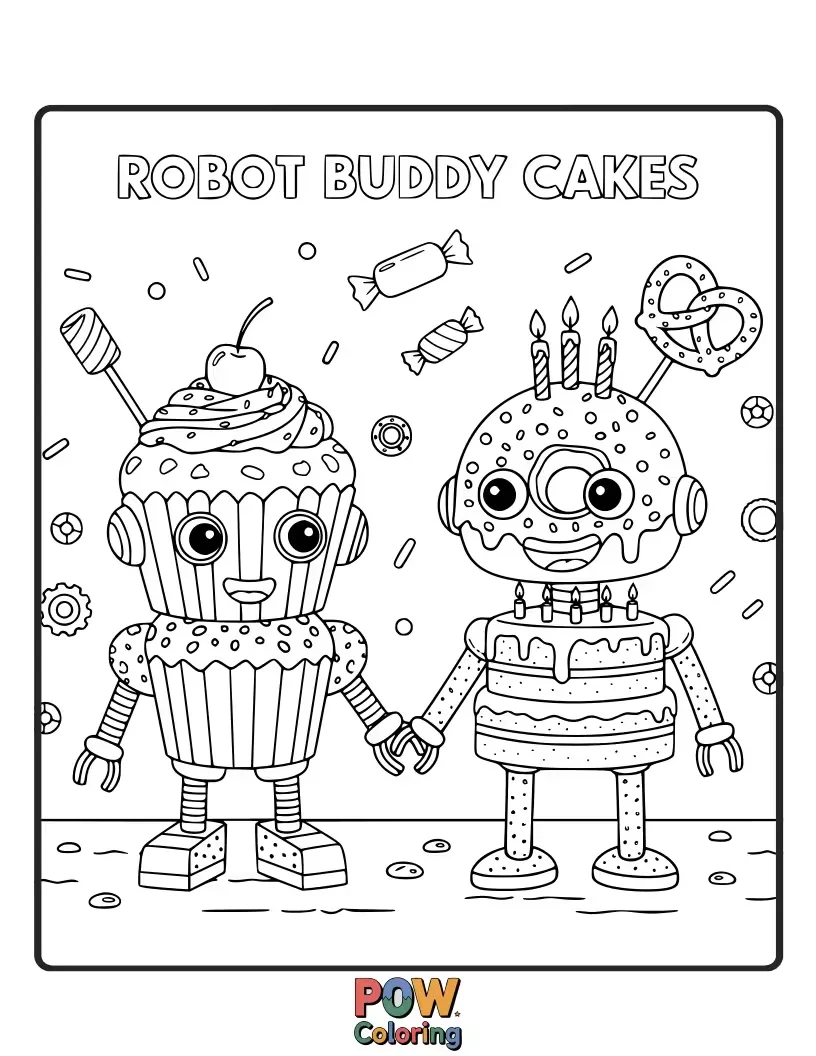 Free coloring page of Friendly robot cakes with gears, circuits, and blinking lights, ready for a sweet technological adventure.