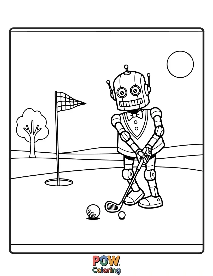 Free coloring page of A sophisticated robot butler meticulously cleaning a golf club while holding a golf ball.
