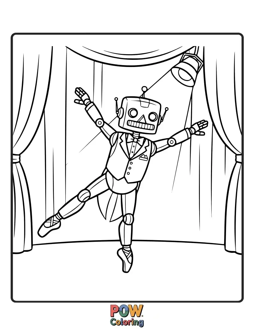 Free coloring page of A prim and proper robot butler, complete with a bowtie and tutu, serves tea while performing a gentle plié. Service with a smile!