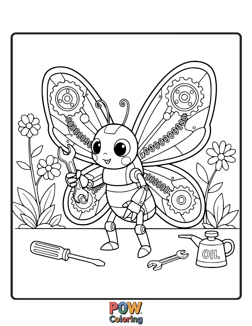 Free coloring page of A mechanical butterfly with gears and nuts for wings, fixing a tiny broken flower with a wrench.