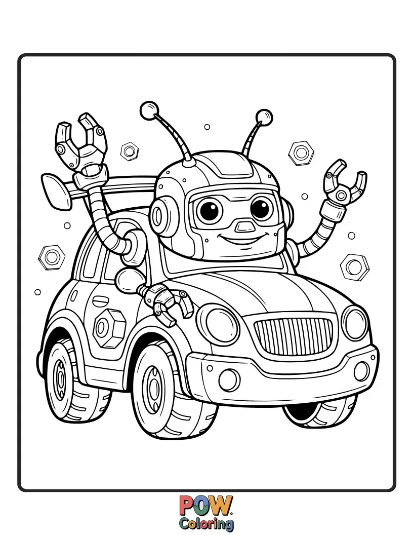 Free coloring page of A car that cleverly transforms into a friendly robot, with interchangeable parts for futuristic fun.