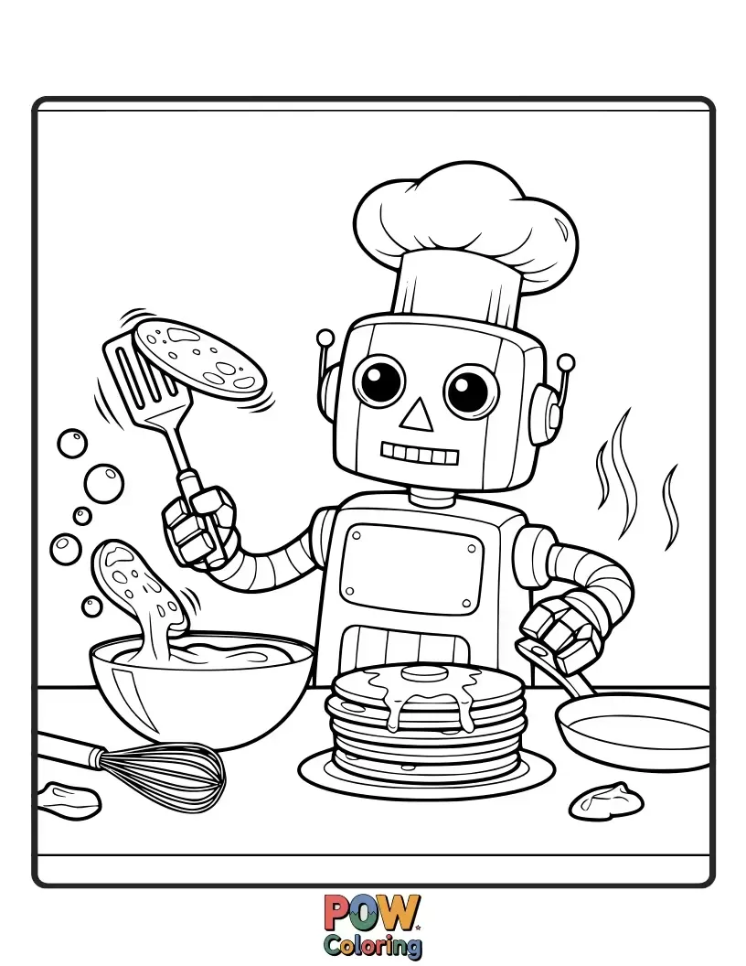 Free coloring page of A charming robot meticulously stacking perfectly round pancakes, with a chef's hat and a friendly smile.