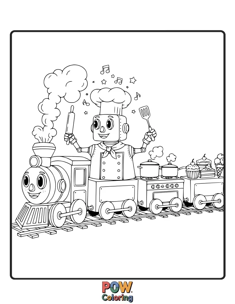 Free coloring page of A train where robot chefs cook up delicious meals for passengers. A culinary journey with metallic helpers.