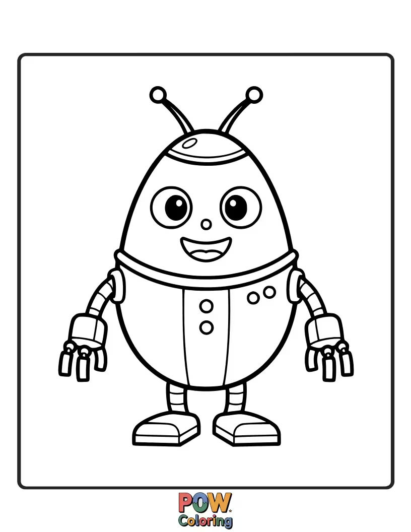 Free coloring page of A charming, slightly quirky egg transformed into a friendly robot with gears, bolts, and antennae, waiting for metallic hues.