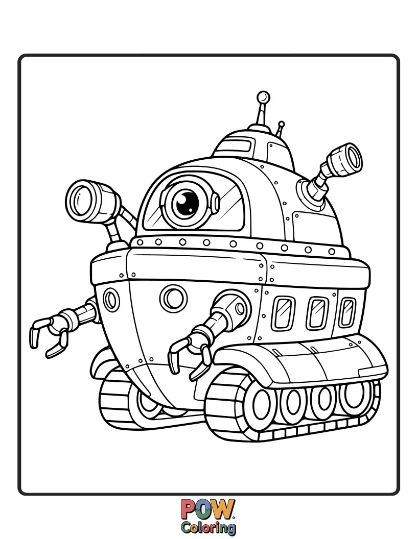Free coloring page of A futuristic exploration vessel designed like a friendly robot, with blinking lights and extendable arms, charting unknown planets.