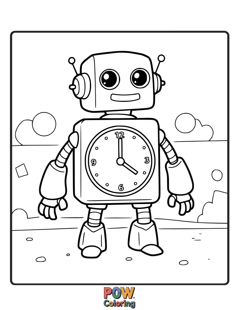 Free coloring page of A friendly, mechanical clock with gears and bolts, perhaps a cute robot face.