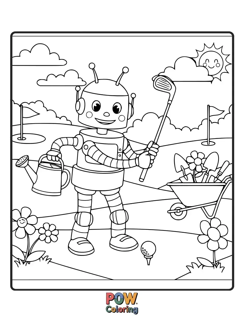 Free coloring page of A gardening robot with trowels for hands carefully watering a tiny golf course.