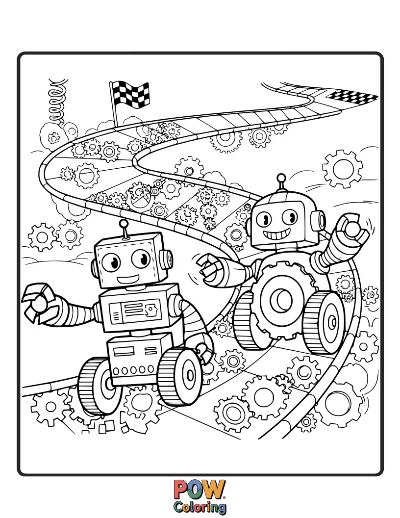 Free coloring page of Interlocking gears of a cute robot are spinning as it races, leaving a trail of mechanical brilliance.