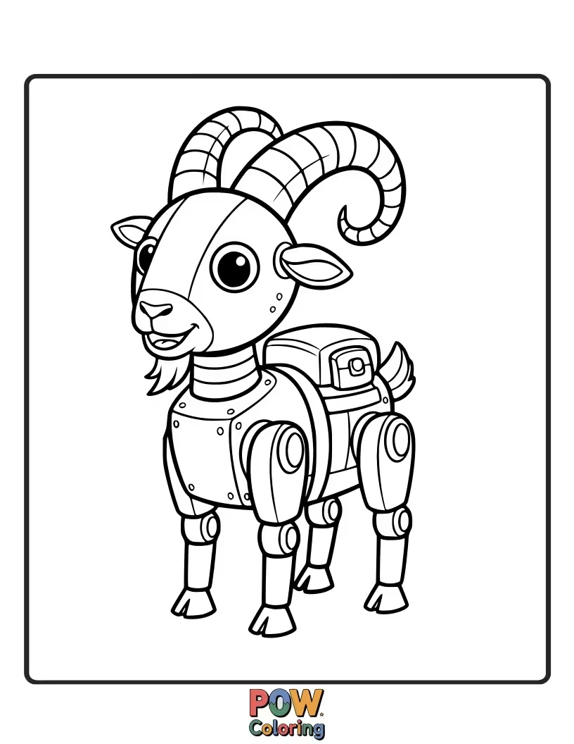 Free coloring page of A cute robot goat with gears and wires, holding a flower and offering a friendly wave, with blinking lights.