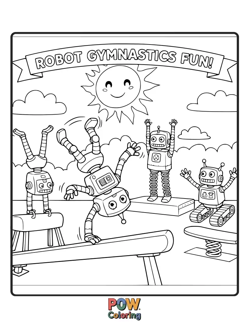 Free coloring page of Cute, clanky robots with gears and lights demonstrating various gymnastics poses with precision and a touch of mechanical charm.