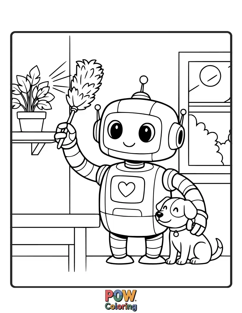 Free coloring page of A friendly robot butler serving tea in a futuristic, sleek home. A blend of technology and comfort.