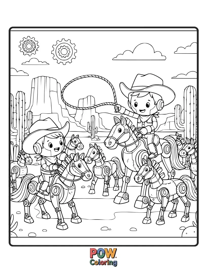 Free coloring page of A cool, futuristic horse made of gears and circuits, performing a mechanical dance in a tech-filled field.