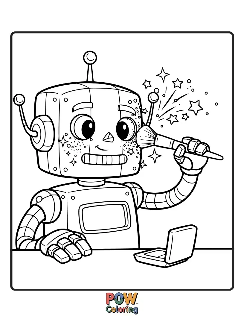 Free coloring page of A cute robot with metallic makeup accents and glowing eyes. A futuristic and fun take on applying cosmetics.