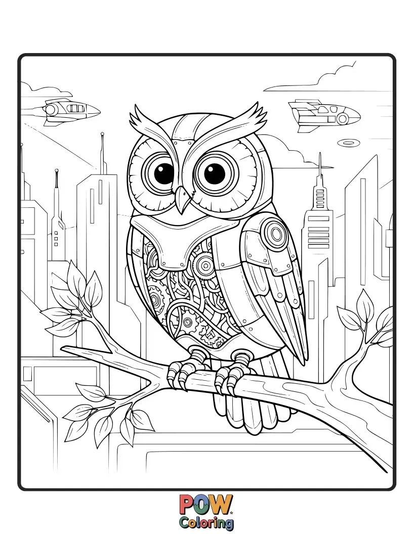 Free coloring page of A futuristic owl made of metal, with glowing eyes and gears.