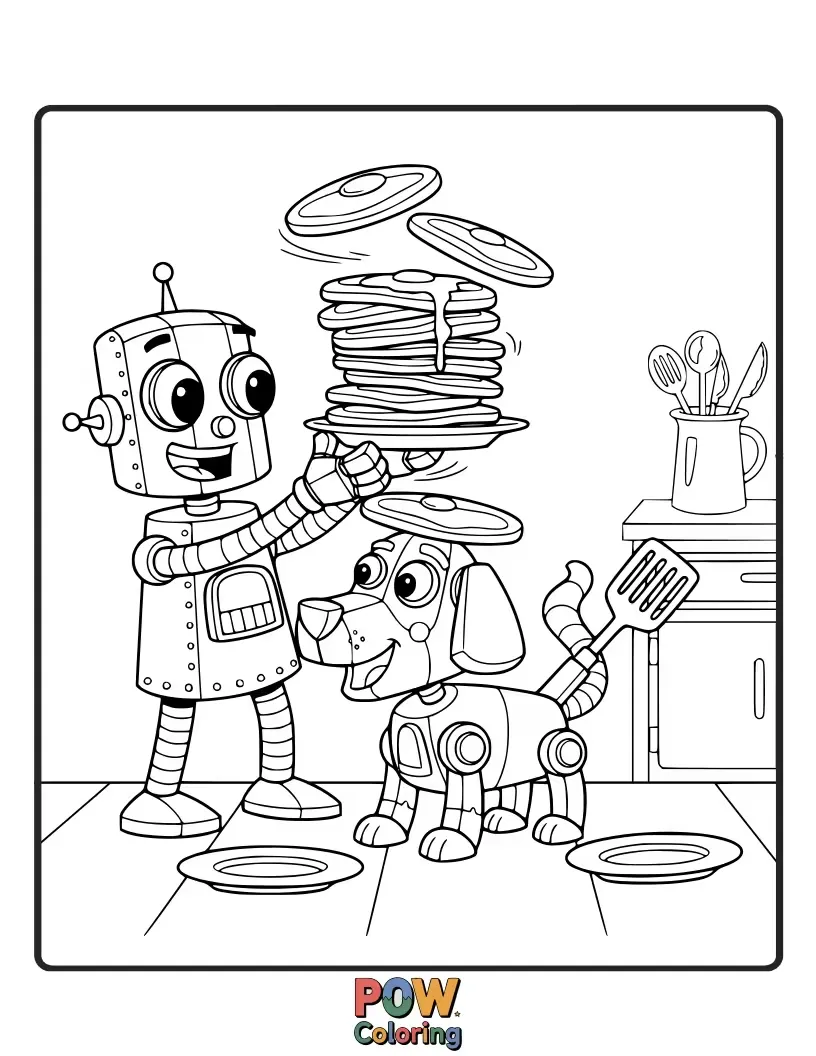 Free coloring page of A cute robot holding a plate of pancakes, with its robot pet happily reaching for a bite.