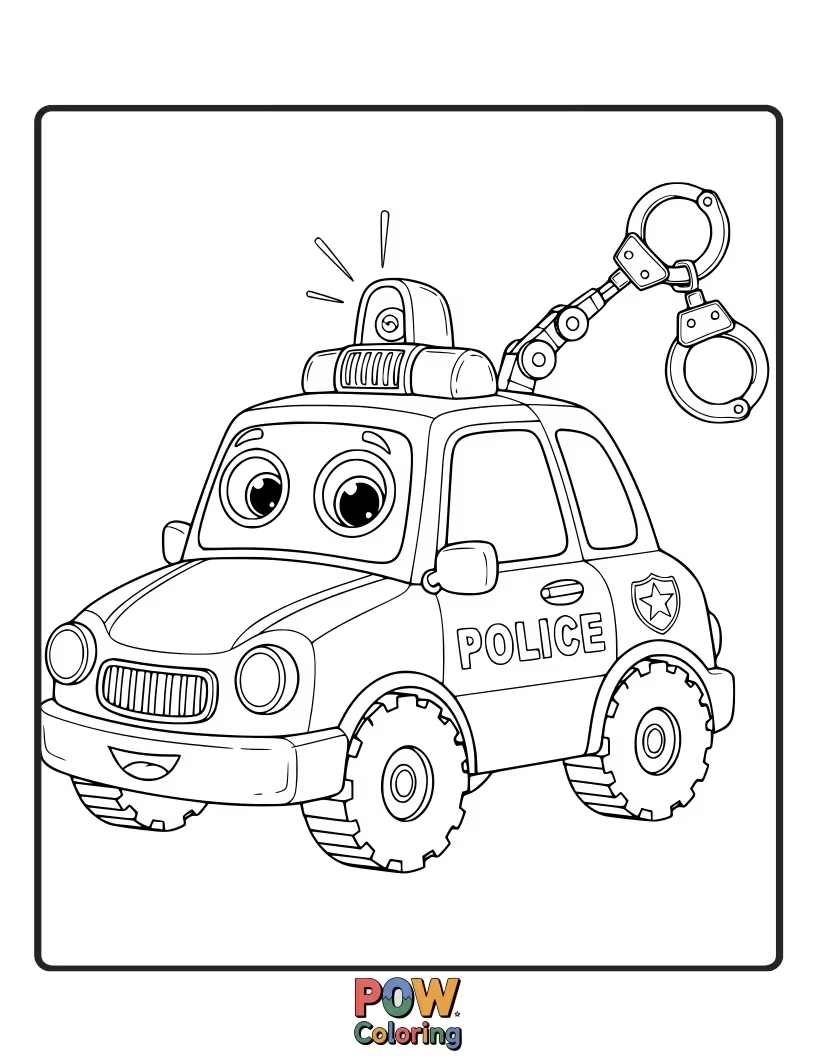Free coloring page of Robot police car, futuristic, with gears and gadgets, programmed for kindness and efficient law enforcement.