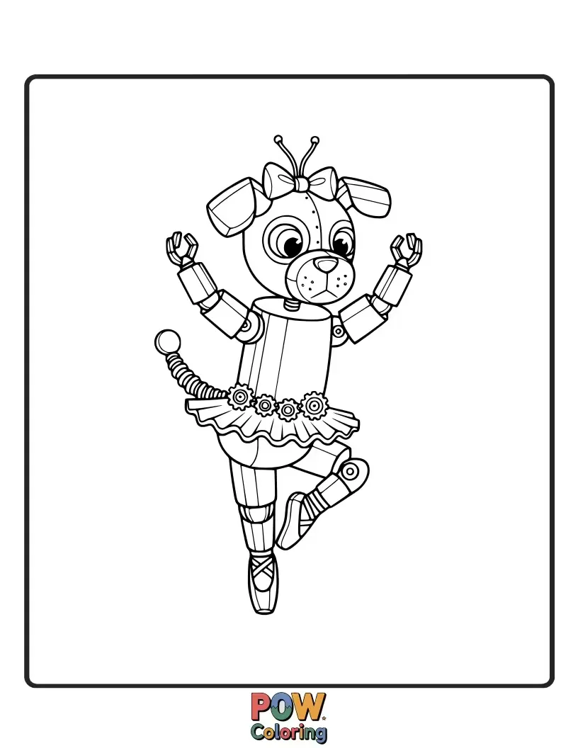 Free coloring page of A charming robot puppy, complete with mechanical pointe shoes, performs a surprisingly agile series of leaps. Digital dance!
