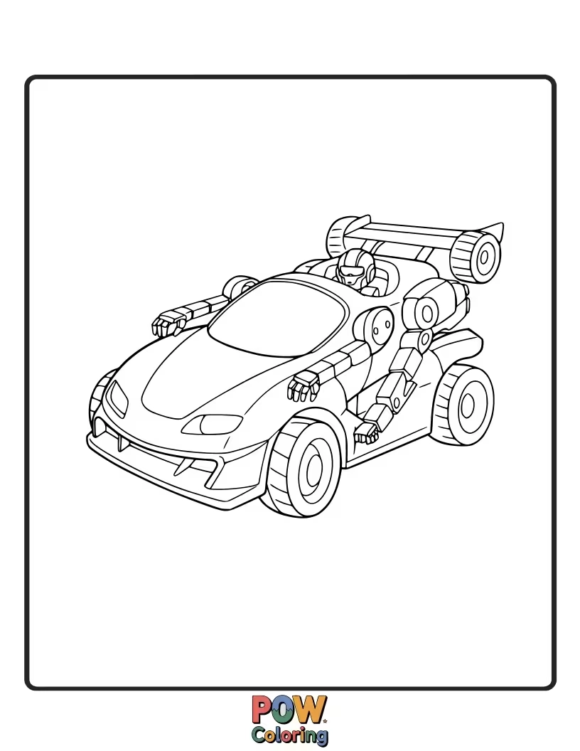 Free coloring page of A cool, mechanical robot race car with gears and circuits, ready for an electrifying competition.