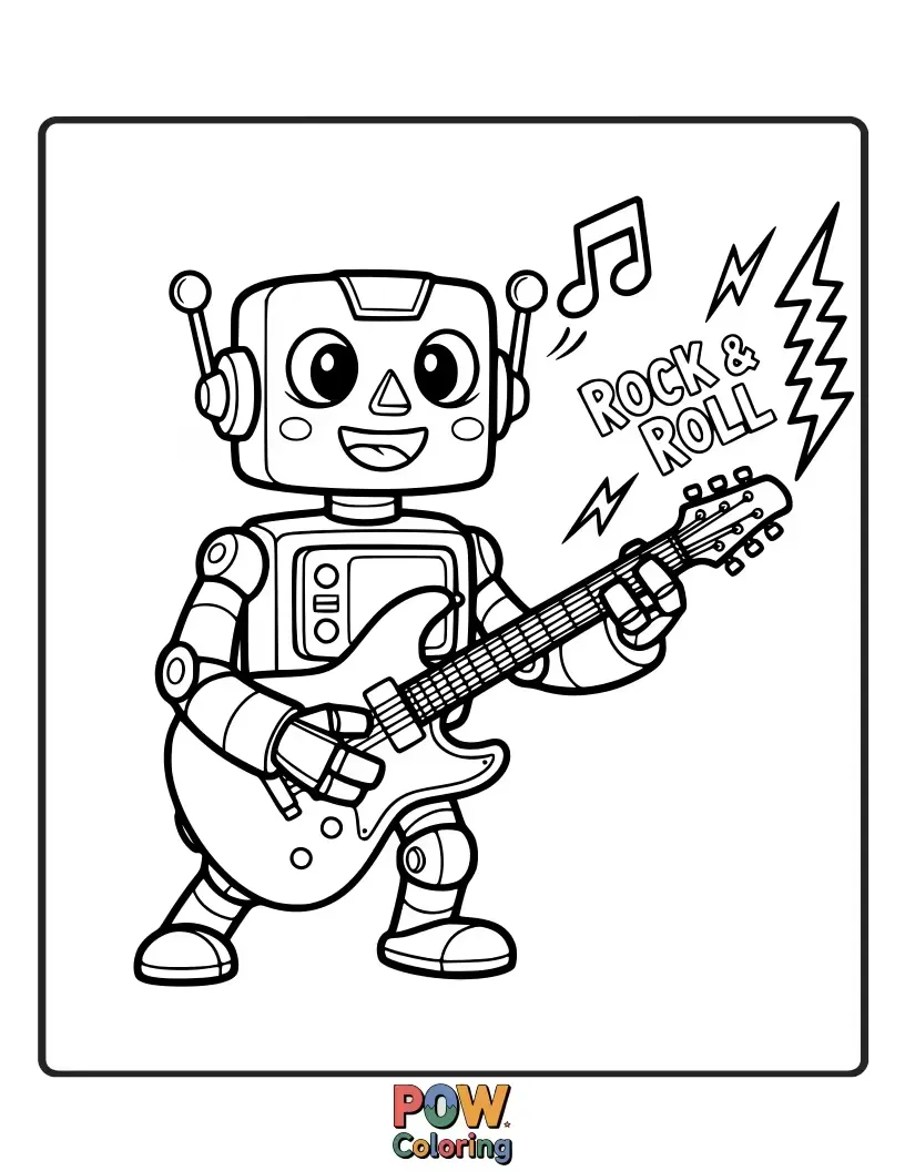 Free coloring page of A retro robot playing a futuristic, chrome-plated guitar with glowing circuits.