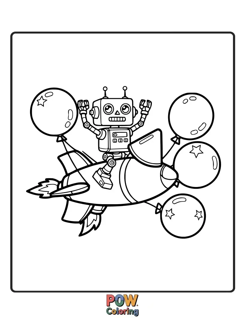 Free coloring page of Quirky robots pilot futuristic hot air balloons with gear and bolt designs, embarking on an interplanetary mission.