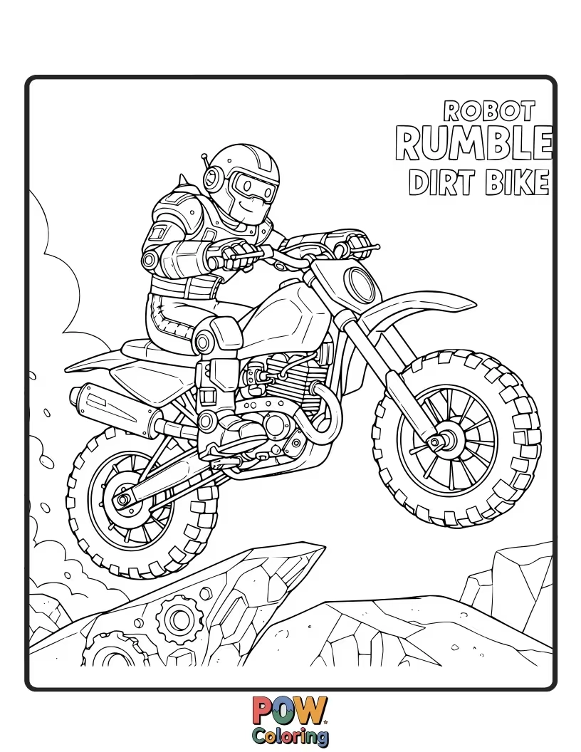 Free coloring page of A futuristic robot dirt bike engaged in a friendly race on a metallic, futuristic track.