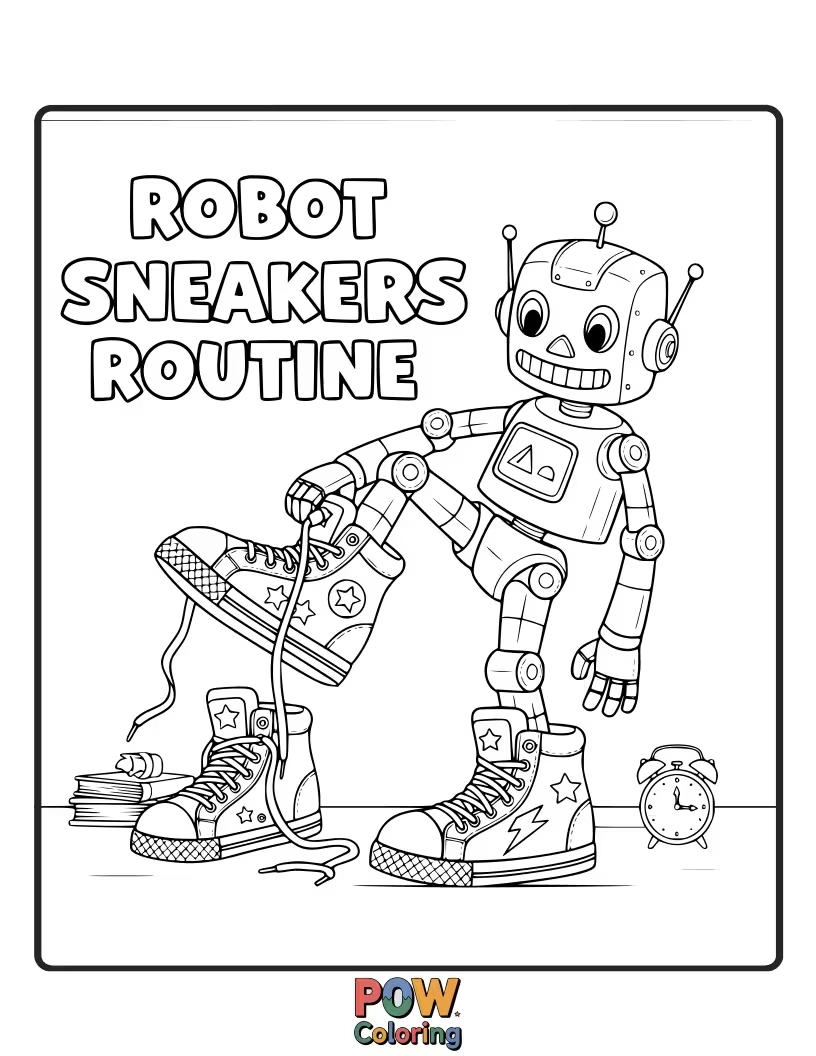 Free coloring page of The robot is wearing a sneakers and trying a walking routine with it.