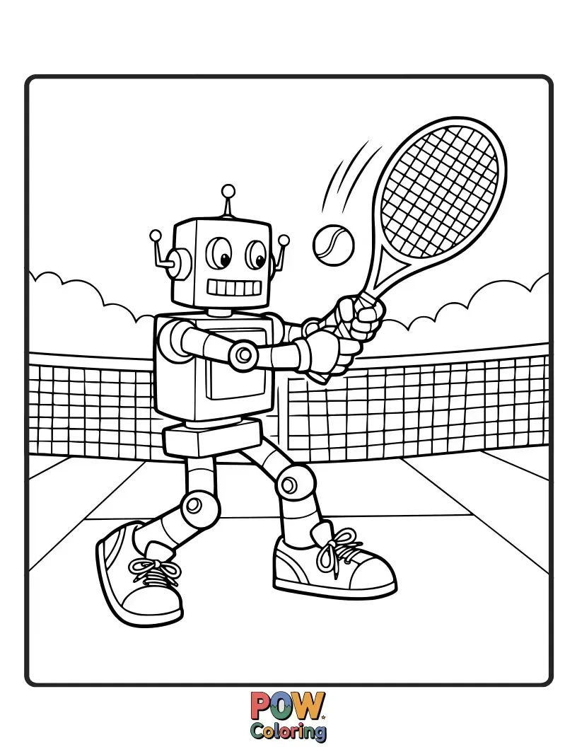 Free coloring page of A clunky, retro robot playing tennis with whirring gears and a determined, blinking light for a face.