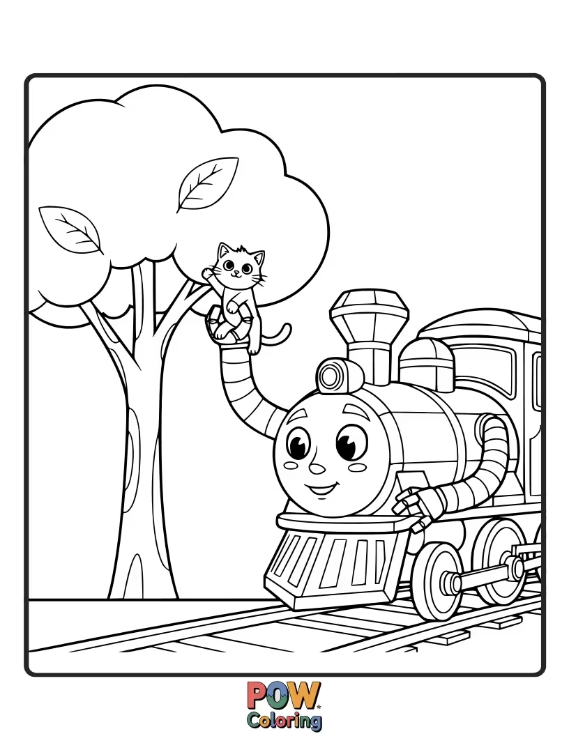 Free coloring page of A helpful robot train, equipped with tools, speeding to the rescue. Color the metallic shine and heroic mission.