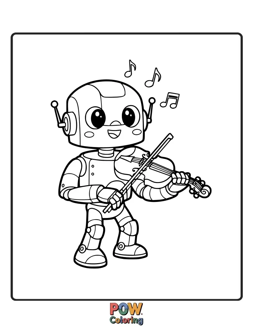 Free coloring page of A friendly robot with gears and wires expertly plays a shiny, futuristic violin.